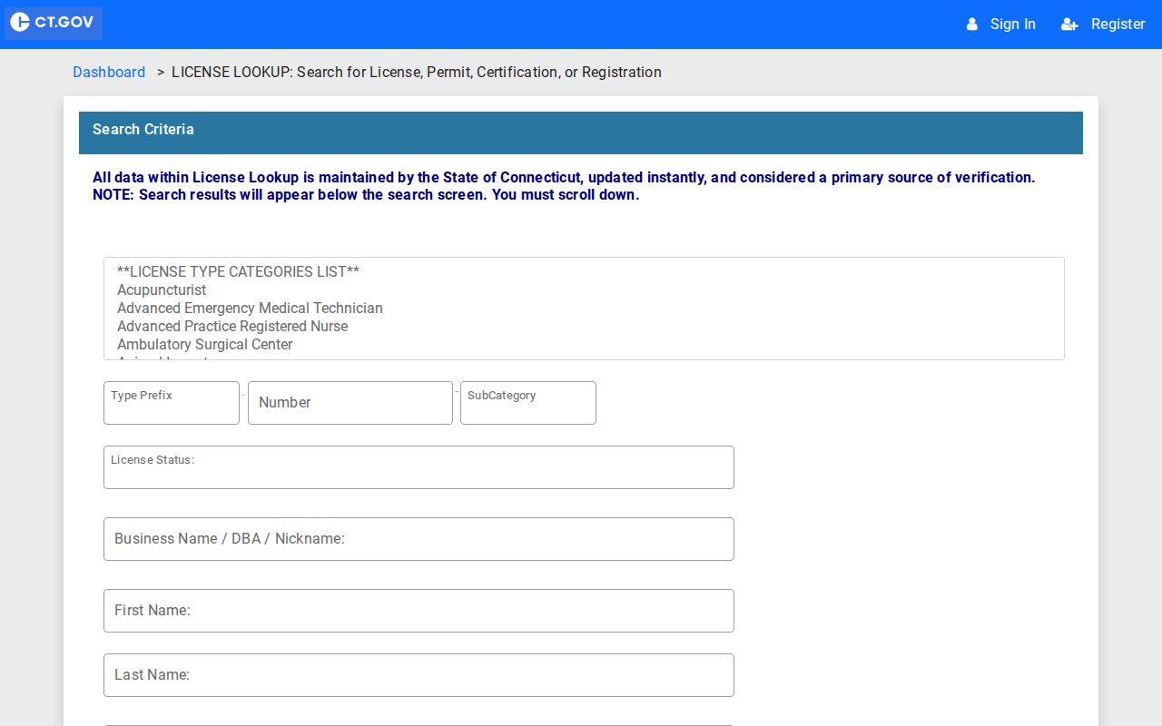 New Haven residents directory Connecticut eLicense lookup fields