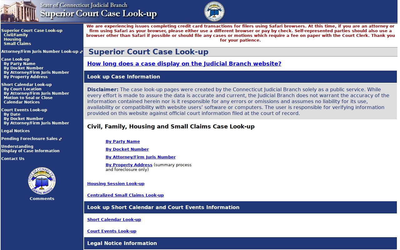 New Haven residents directory Connecticut Superior Court civil inquiry