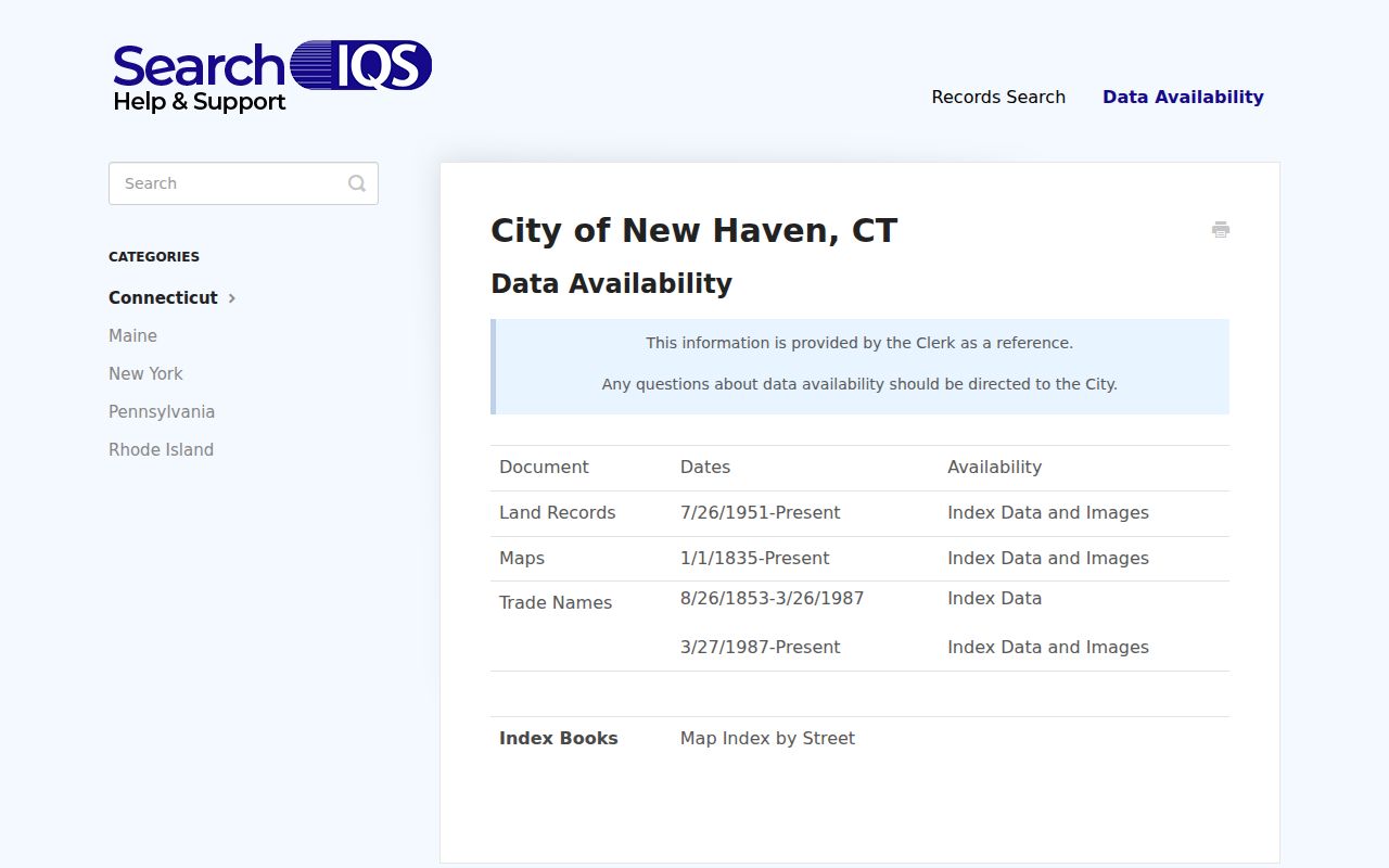 New Haven previous residents SearchIQS deed index coverage