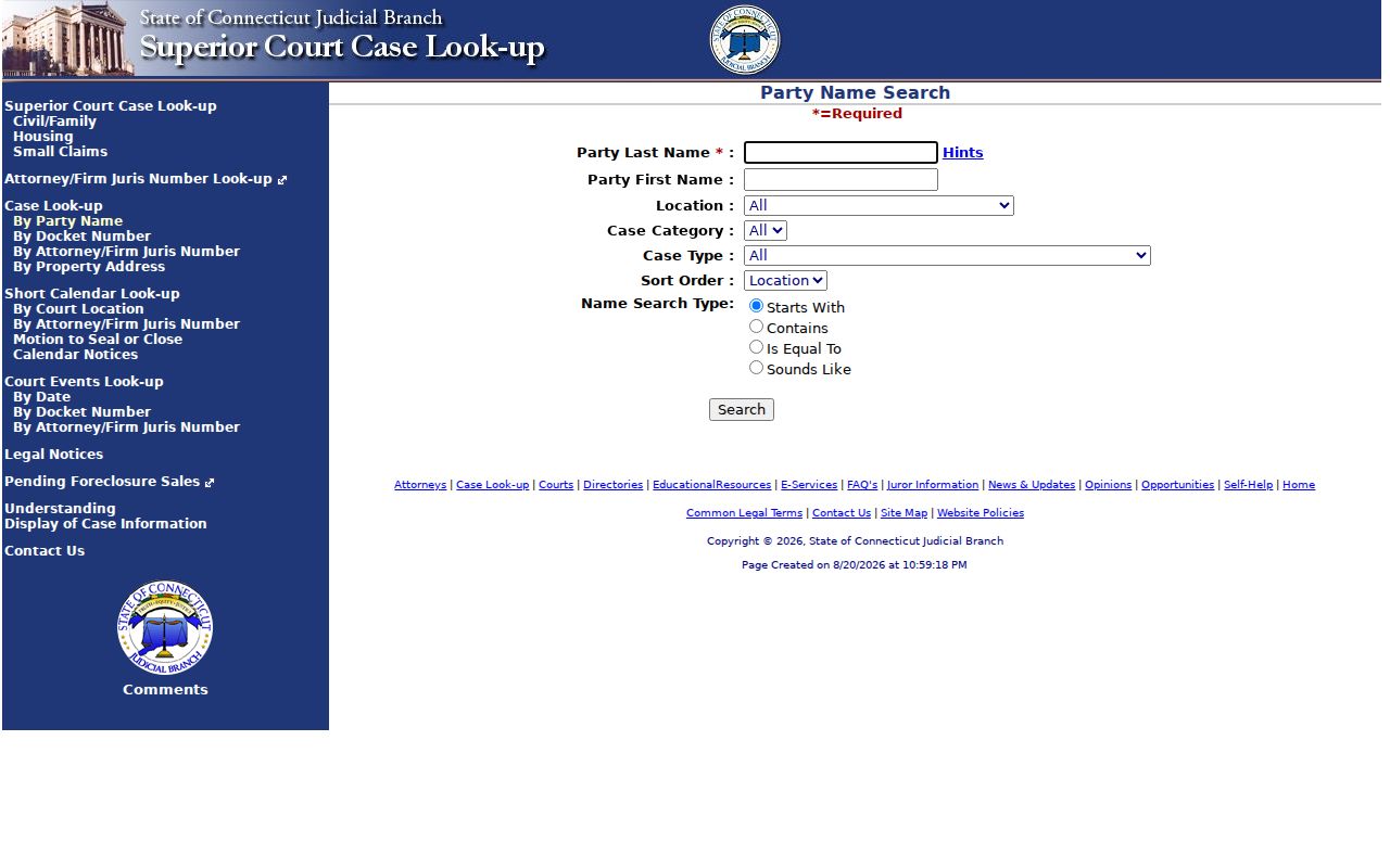 New Haven resident lookup view of Connecticut Superior Court party-name search