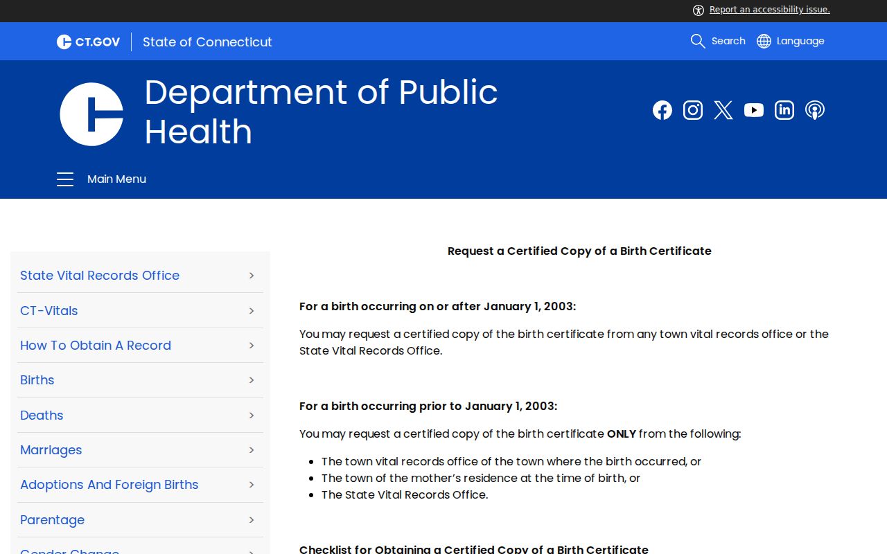 New Haven resident lookup view of Connecticut birth-certificate access form