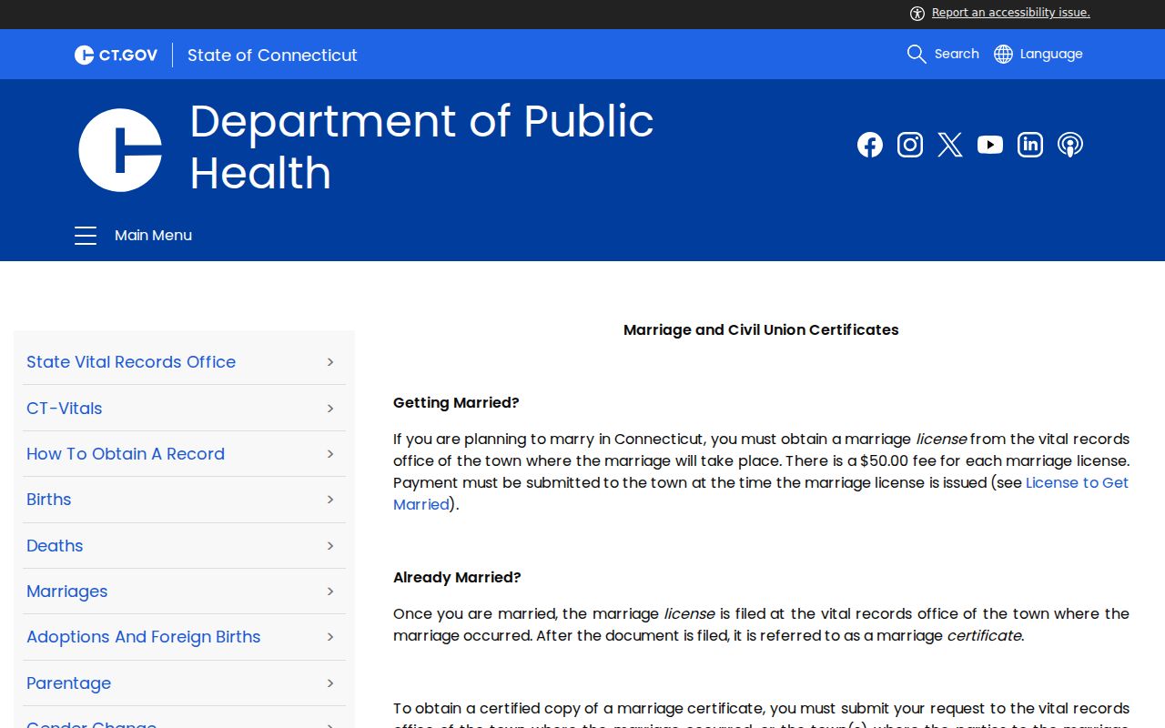New Haven resident lookup view of Connecticut marriage and civil-union certificate form