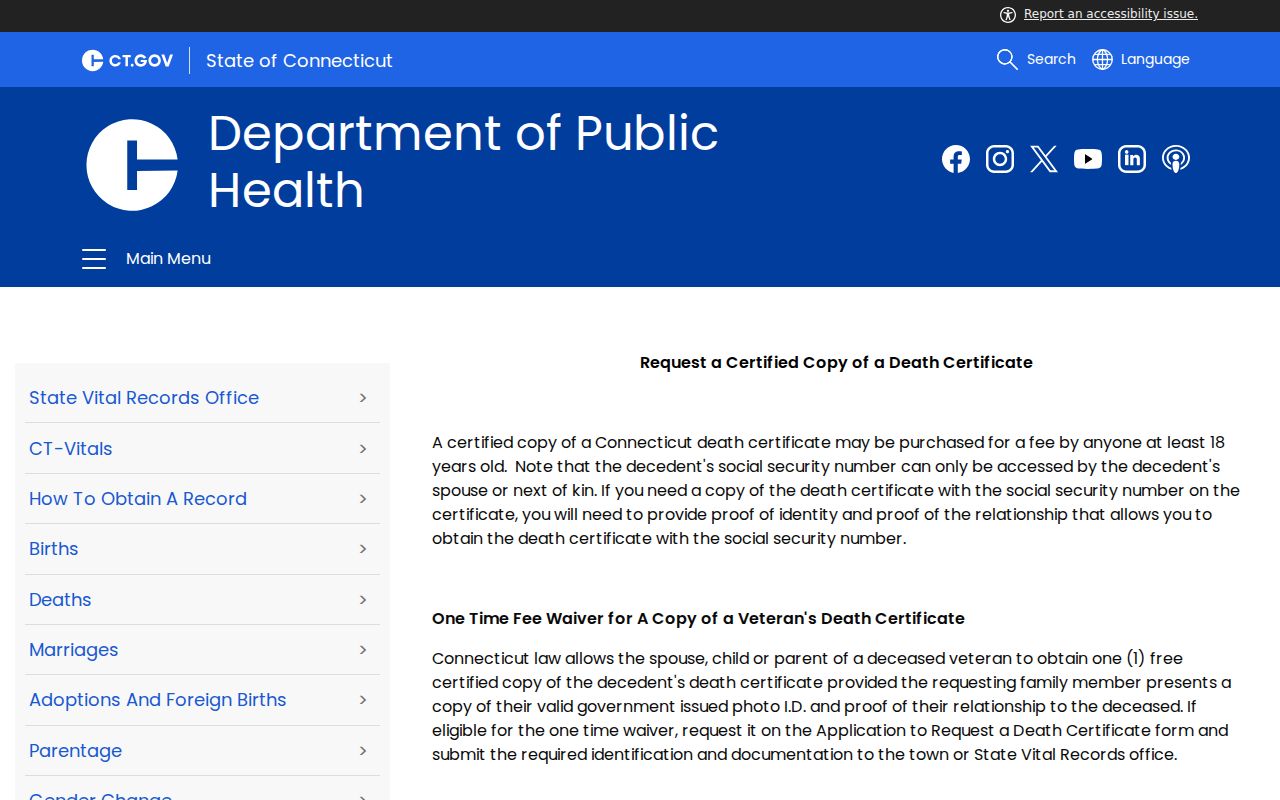 New Haven resident lookup view of Connecticut death-certificate application